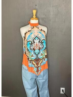 Y2K Orange Bohemian Print Halter Top – Accordion Pleated Fleur De Lis Medium